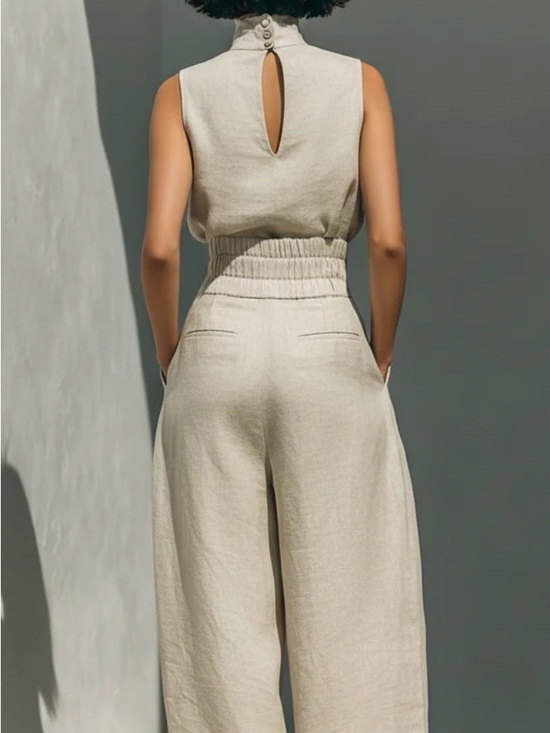 High-Waist Wide-Leg Sleeveless Jumpsuit in Light Beige - Picture 3 of 9